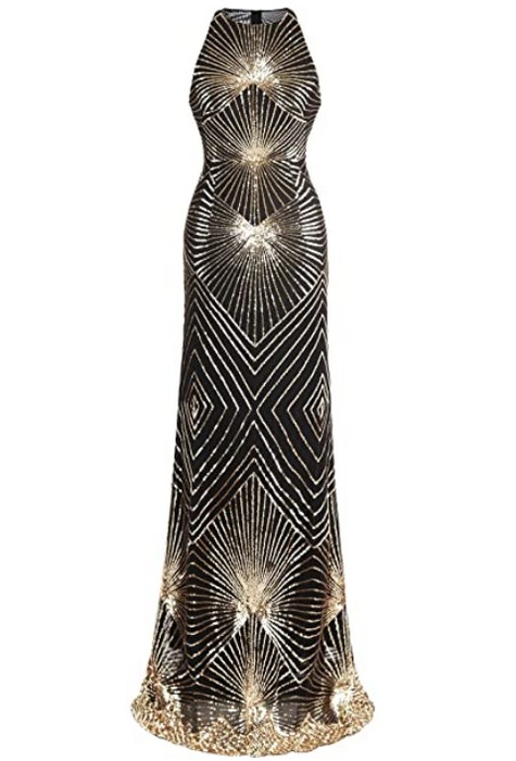 Robe Gatsby longue à paillettes noire et or des années 20 avec paillettes