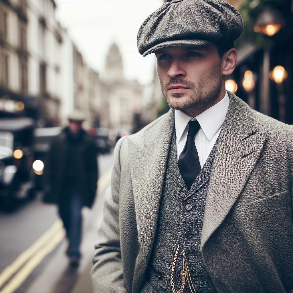 Costume trois pièces gris / bleu marine à chevrons style Peaky Blinders